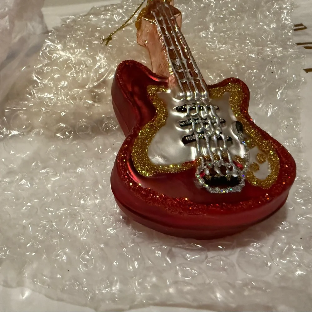 New Vintage West Elm Glitter and Glass Guitar Ornament, -6”,